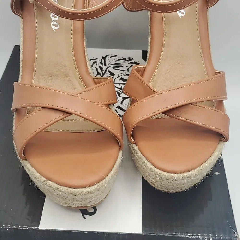Weeboo Tan Mid High Heel Wedge Strappy Buckle Espadrille Sandals Size 7.5